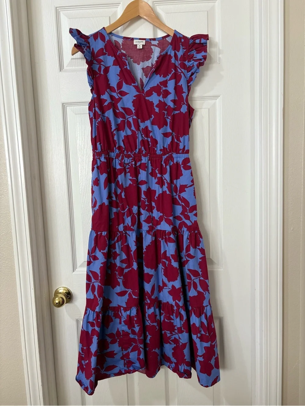 J. Crew Blue and Magenta Floral Tiered V‑Neck Midi Dress